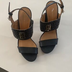 Tommy Hilfiger Black Woven Leather Ankle-Strap Heels with Gold Logo